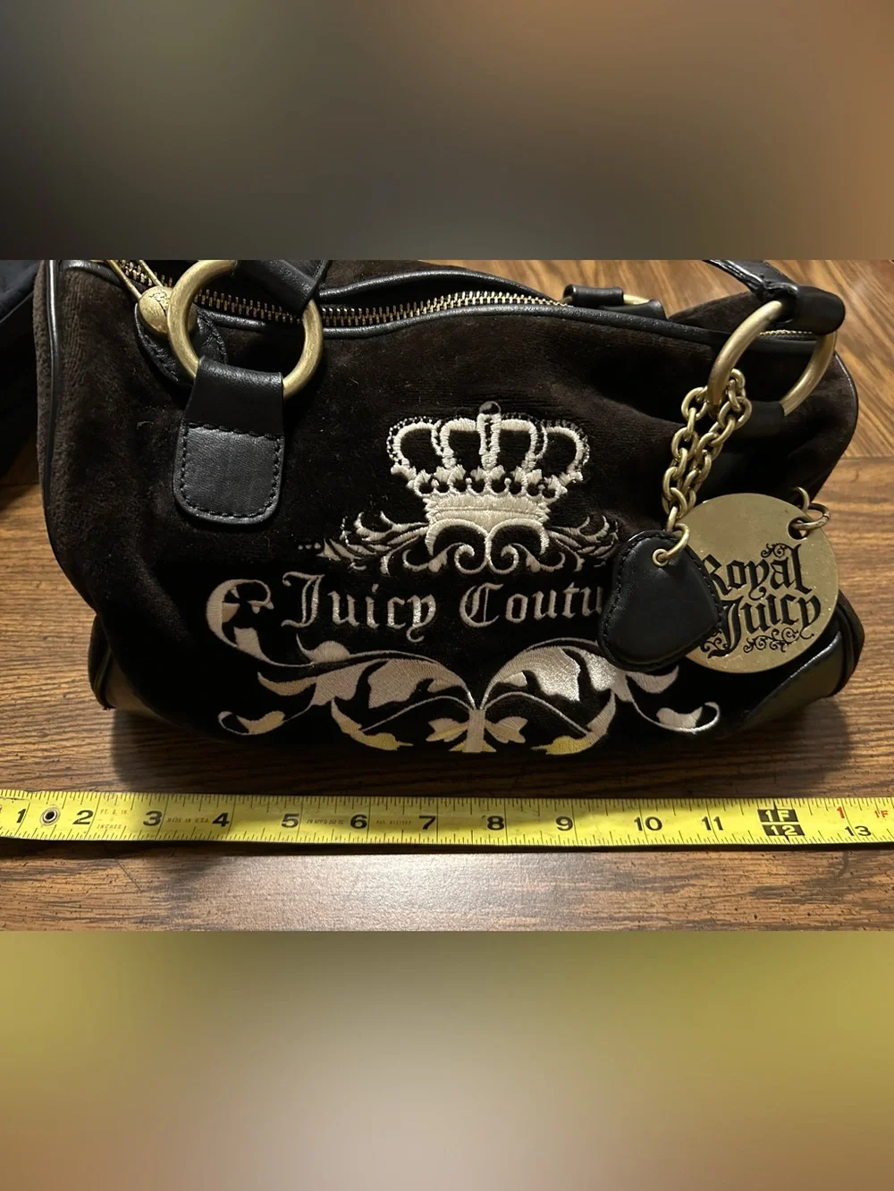 Juicy Couture Black Velvet Bag with Gold-tone Logo Charm